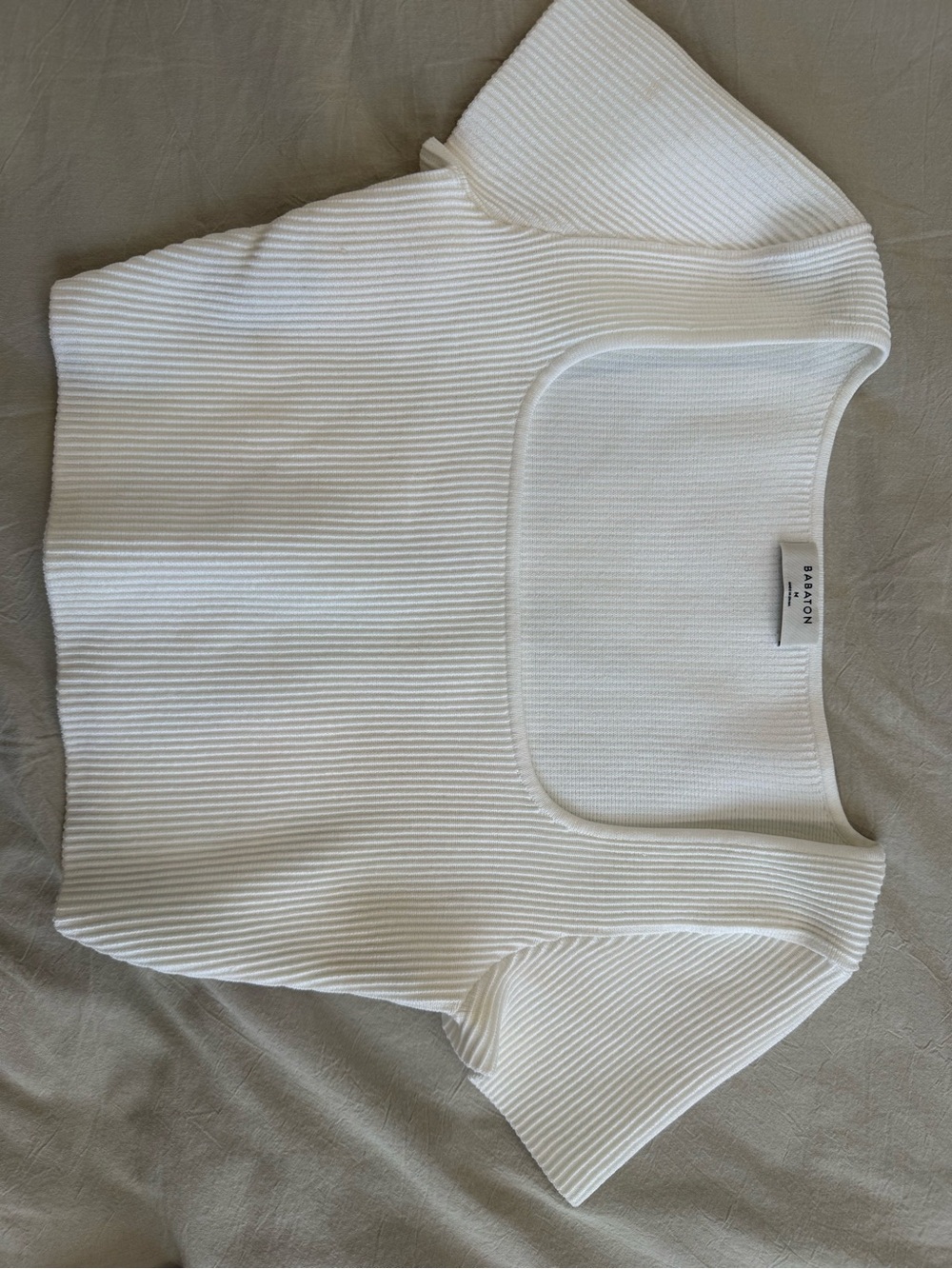 BABATON Cream Ribbed Square-Neck Short Sleeve Sweater
